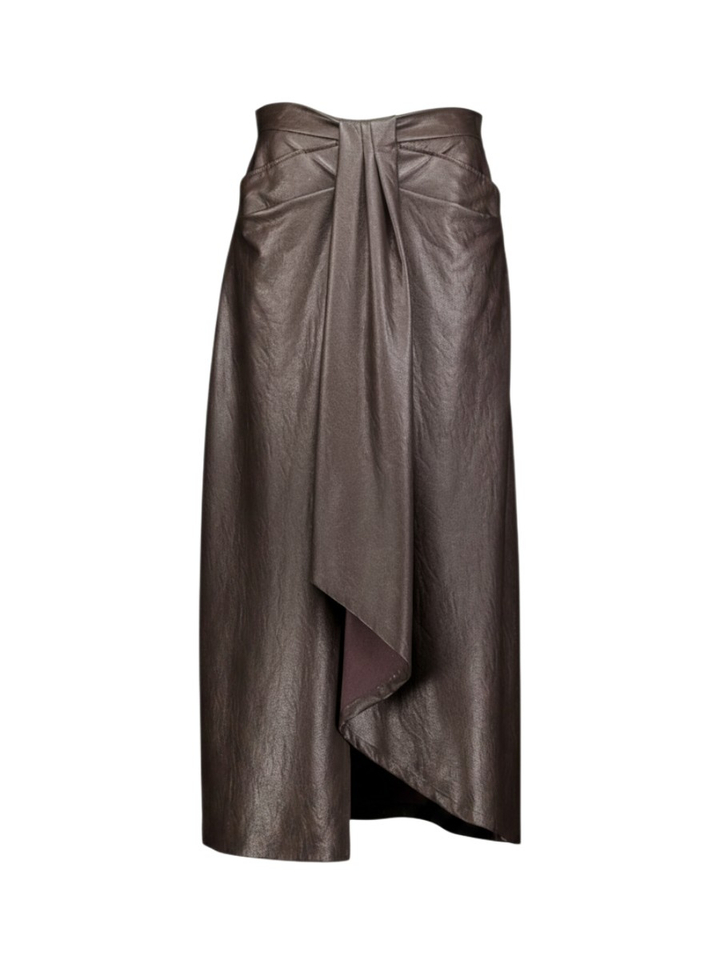 Donkerbruine lederlook rok met overslagdetail Caroline Biss