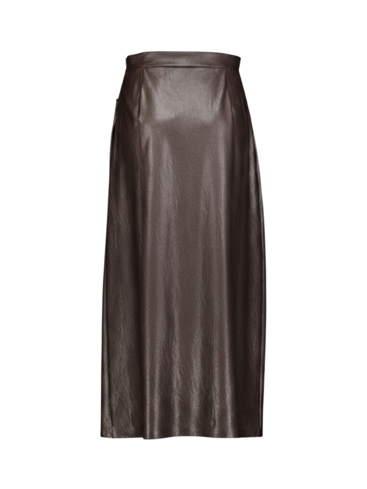 Donkerbruine lederlook rok met overslagdetail Caroline Biss