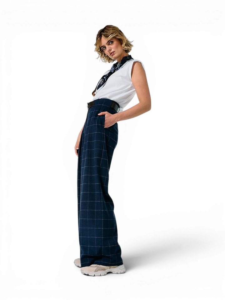Donkerblauwe broek met lichtblauw ruitpatroon Caroline Biss