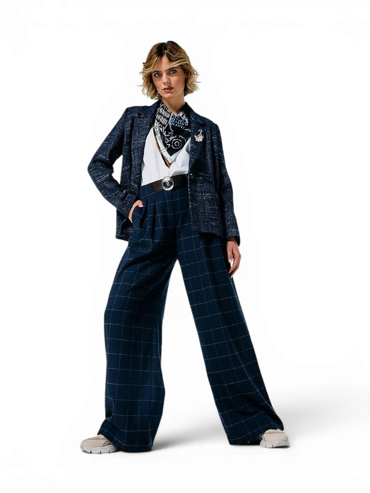 Donkerblauwe broek met lichtblauw ruitpatroon Caroline Biss