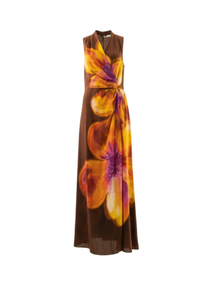 Bruine elegante maxi gala jurk in bloemenprint met een zijden glans Caroline Biss
