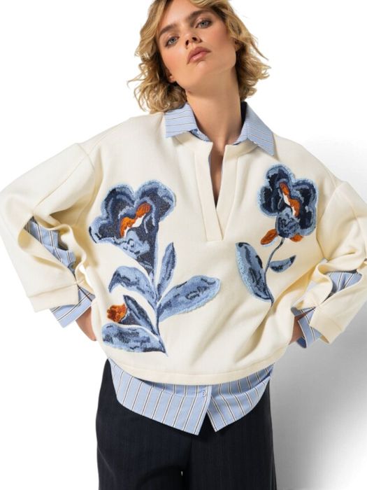 Witte sweater met polokraag en bloemenprint Caroline Biss