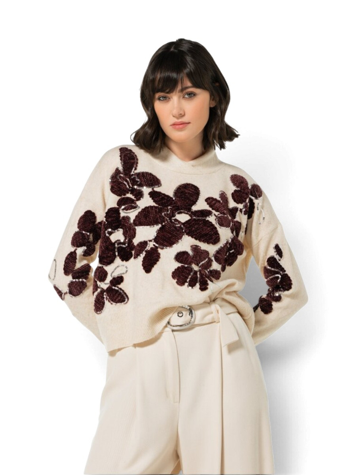 Beige trui met bruine bloemenprint Caroline Biss