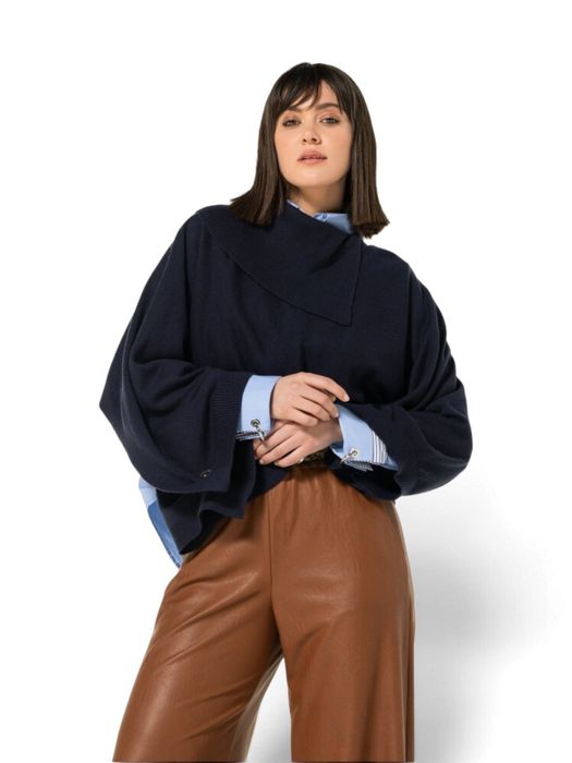 Donkerblauwe poncho met kraag Caroline Biss