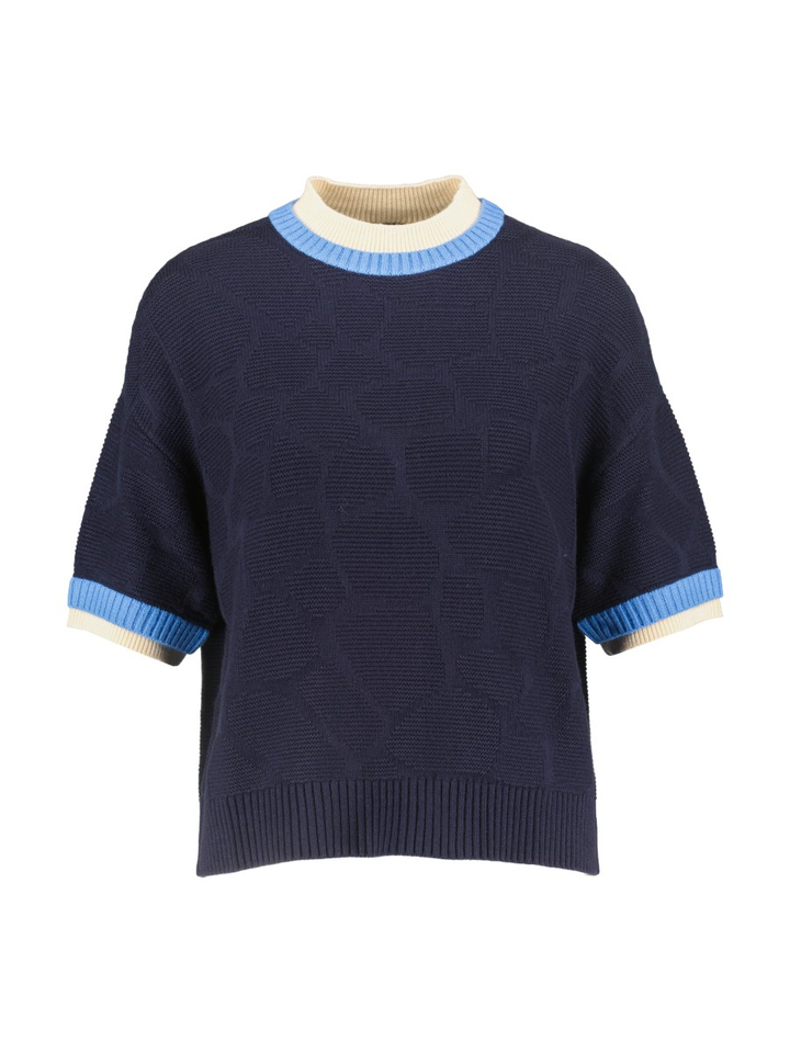 Donkerblauwe pull met details aan de hals en mouwen Caroline Biss