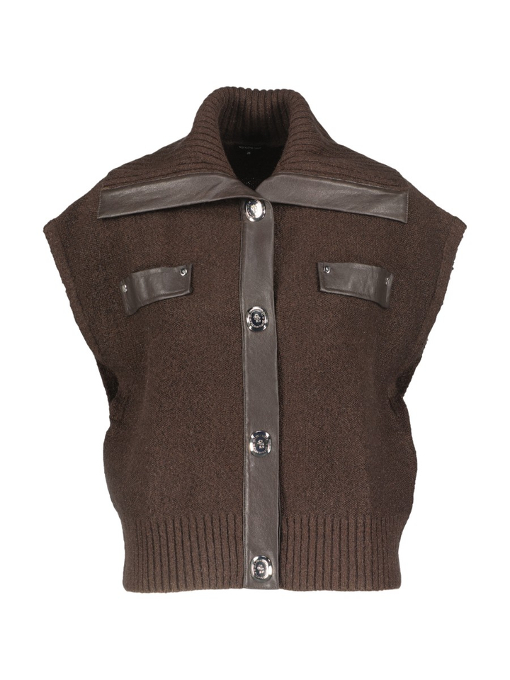 Donkerbruine cardigan trui met vegan leather details Caroline Biss 