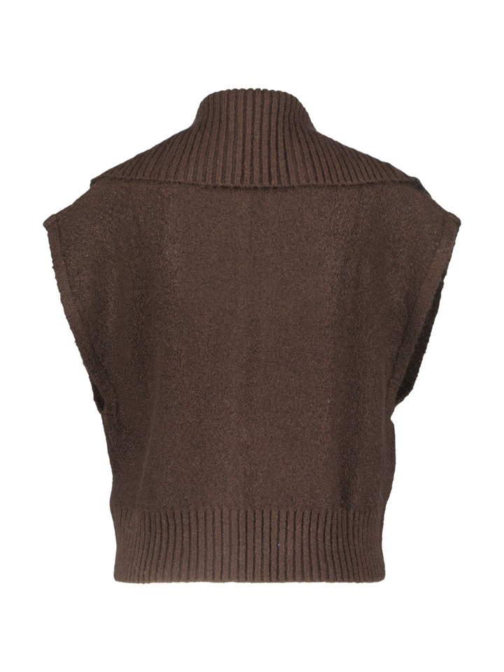 Donkerbruine cardigan trui met vegan leather details Caroline Biss 