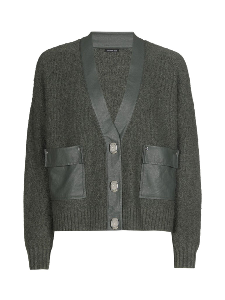 Groene korte cardigan met vegan leather details Caroline Biss 
