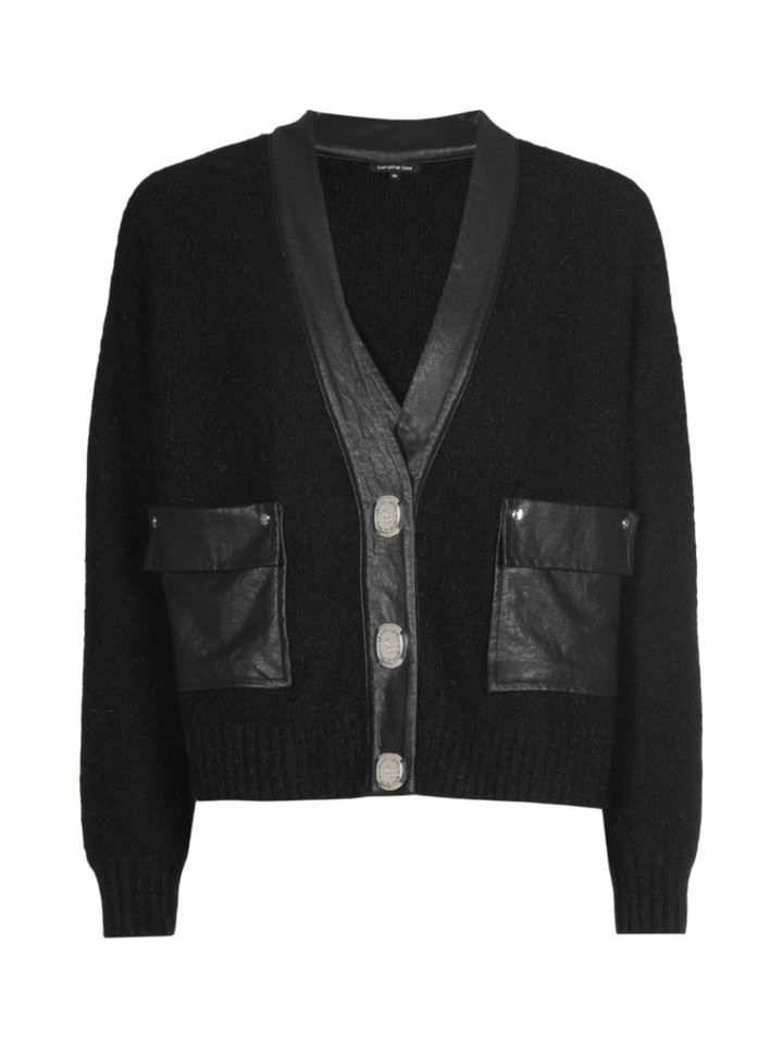 Zwarte korte cardigan met vegan leather details Caroline Biss 