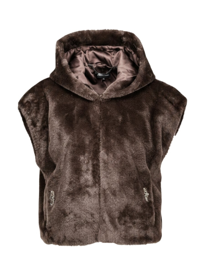 Donkerbruine mouwloze korte cardigan in imitatiebont met kap Caroline Biss 