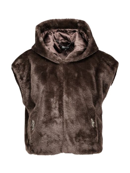 Donkerbruine mouwloze korte cardigan in imitatiebont met kap Caroline Biss