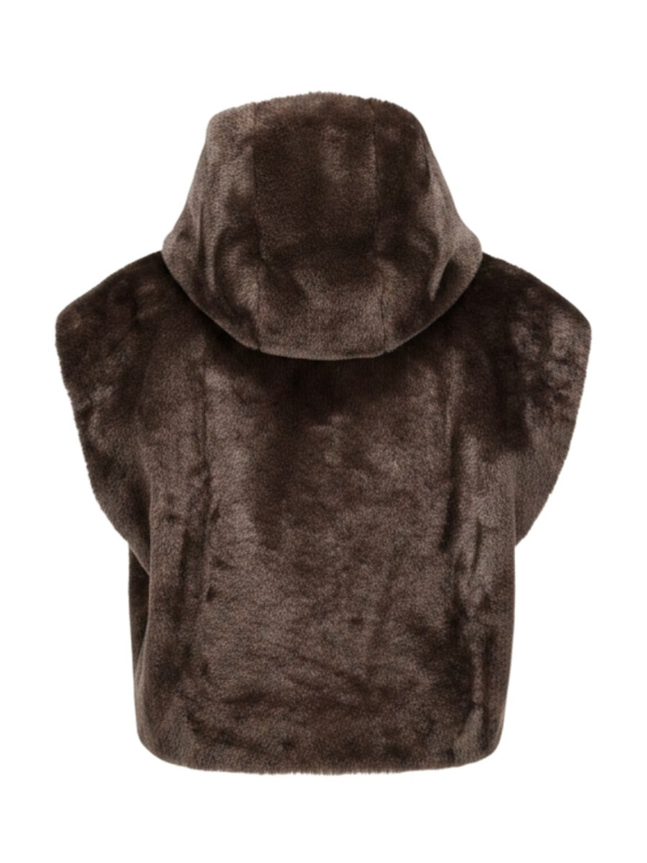 Donkerbruine mouwloze korte cardigan in imitatiebont met kap Caroline Biss 
