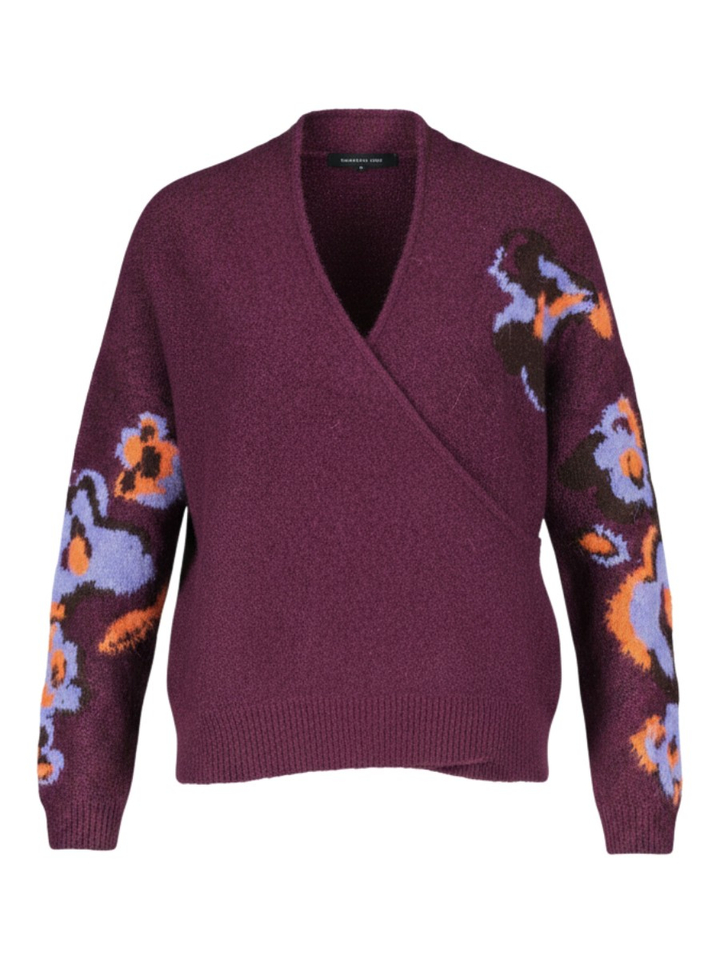 Aubergine gebreide trui met bloemen detail Caroline Biss 