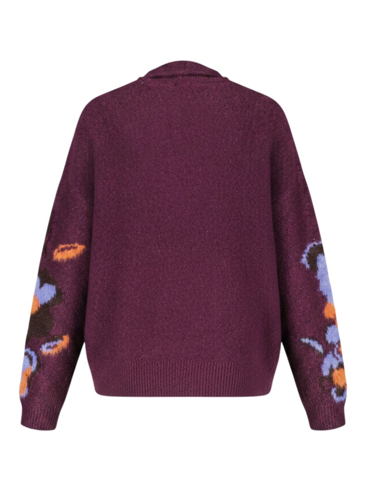 Aubergine gebreide trui met bloemen detail Caroline Biss 