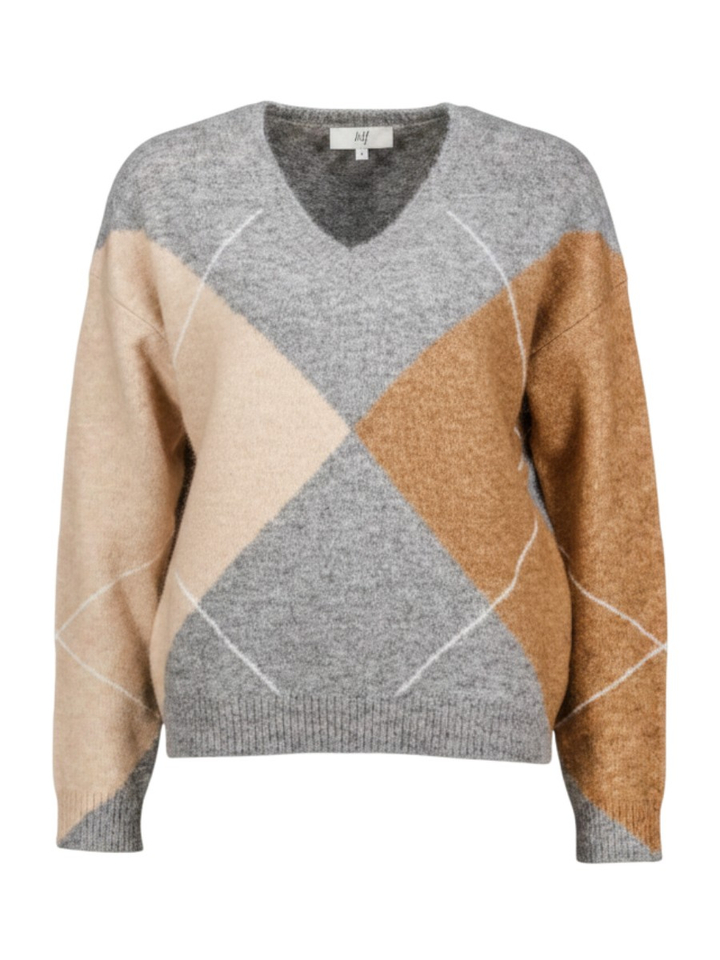 Grijze trui met bruin/beige ruitmotief Aspen Jeff