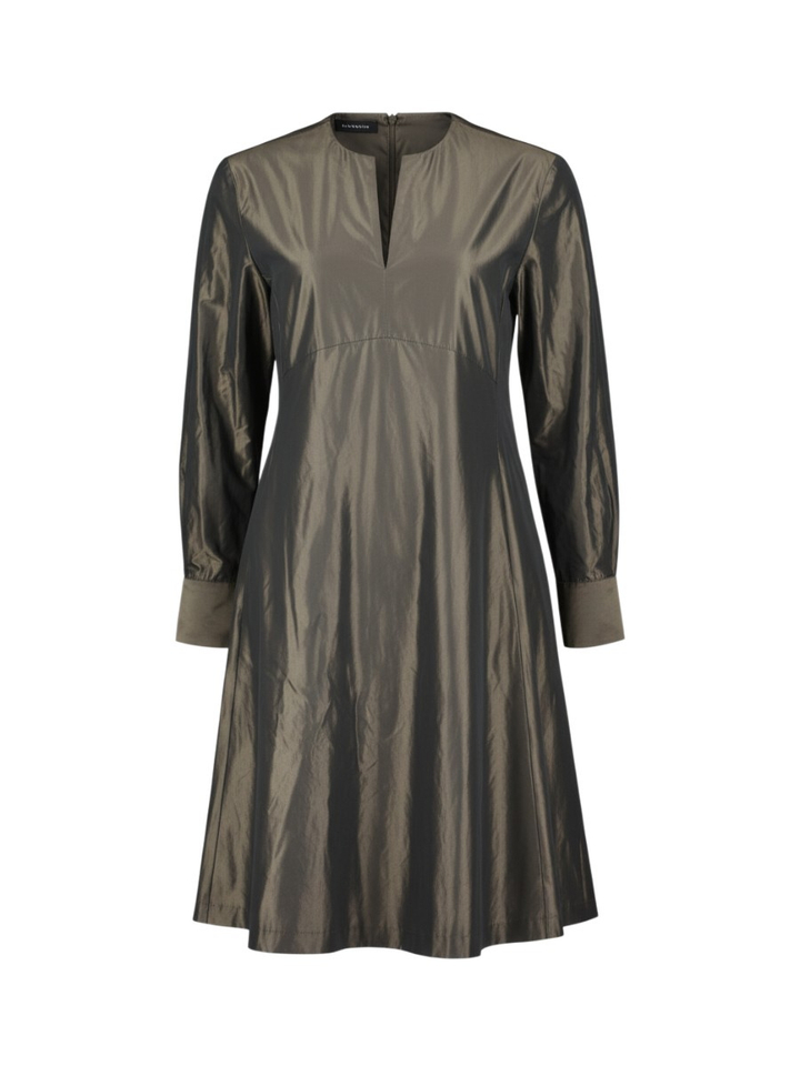 Donkerbruine midi-jurk met V-hals in glanzende stof Rosso 35