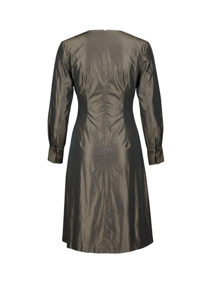 Donkerbruine midi-jurk met V-hals in glanzende stof Rosso 35