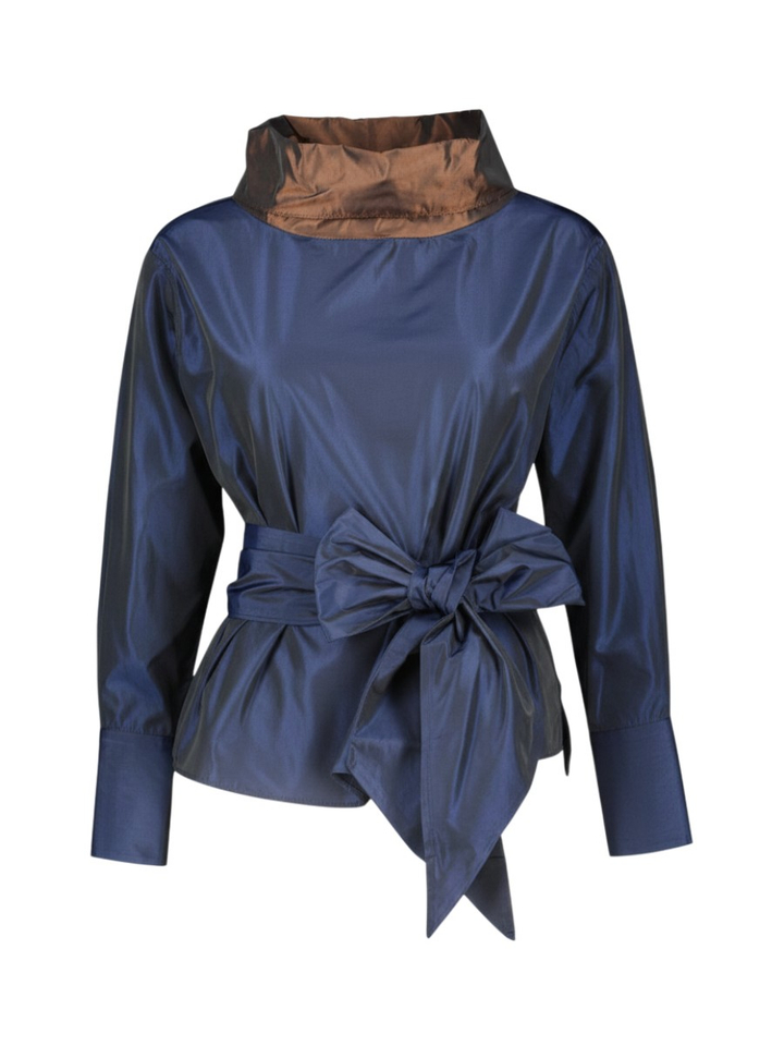 Donkerblauwe blouse met bruine rechtopstaande kraag Rossa 35