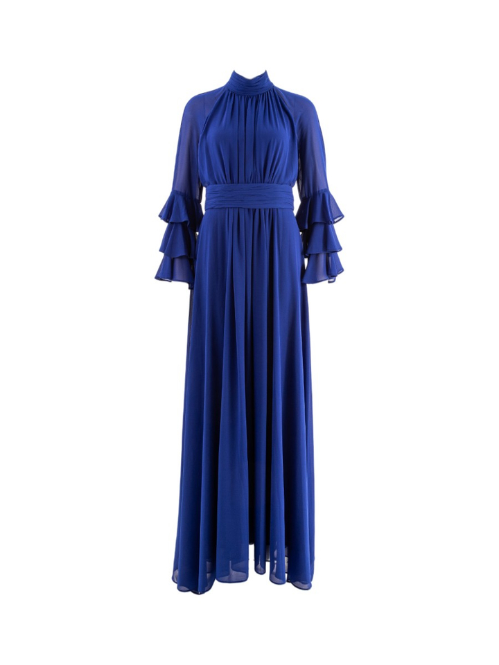 Blauwe jurk met strop en ruches detail Carla Ruiz