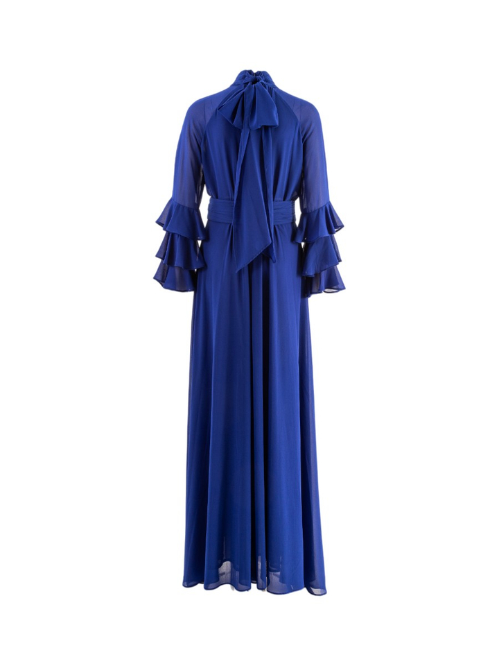 Blauwe jurk met strop en ruches detail Carla Ruiz