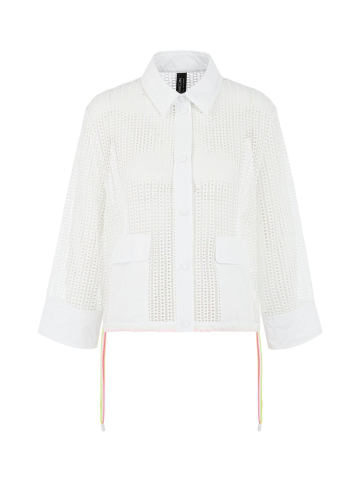 Witte doorzichtige gilet met drukknopen en multicolor strop onderaan Marccain 