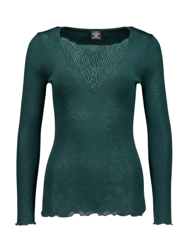 Groene aansluitende T-shirt in stretch met ribbel en kant Oscalito