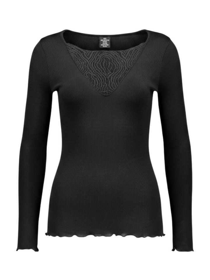 Zwarte aansluitende stretch T-shirt in ribbel met kant Oscalito 