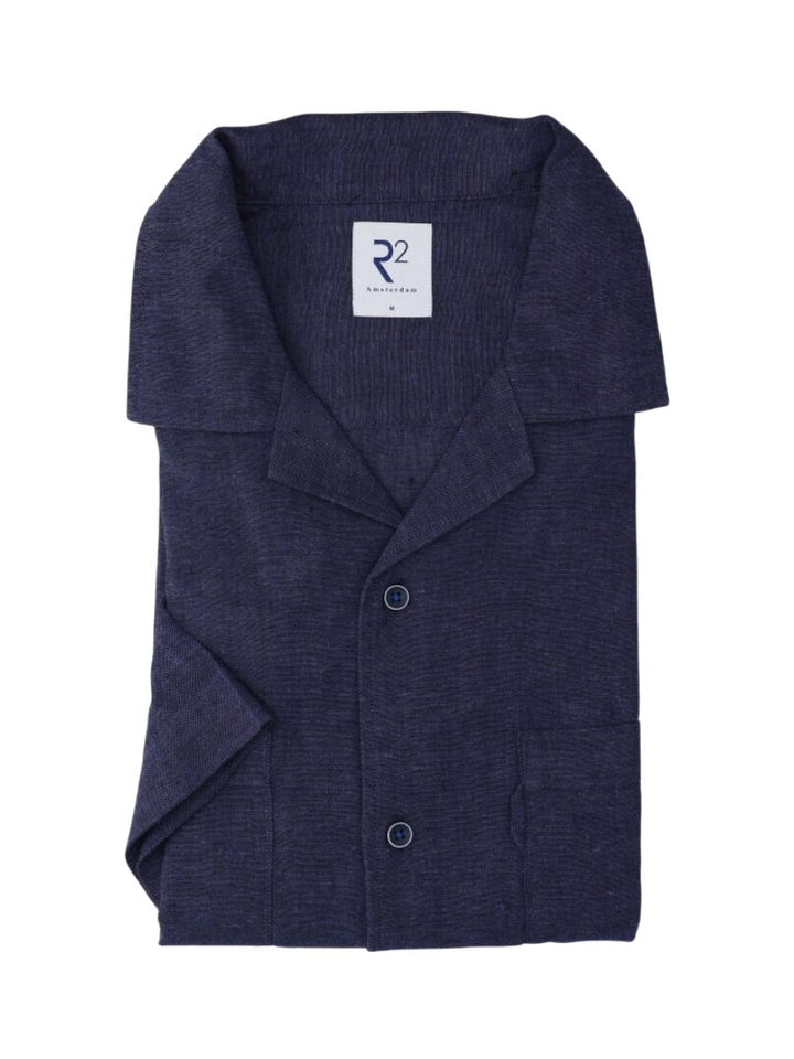 Navy linnen hemd (regular fit) met korte mouwen R2