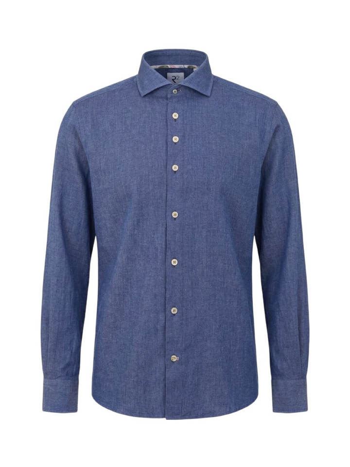 Denim blue linnen hemd (regular fit) met lange mouwen R2