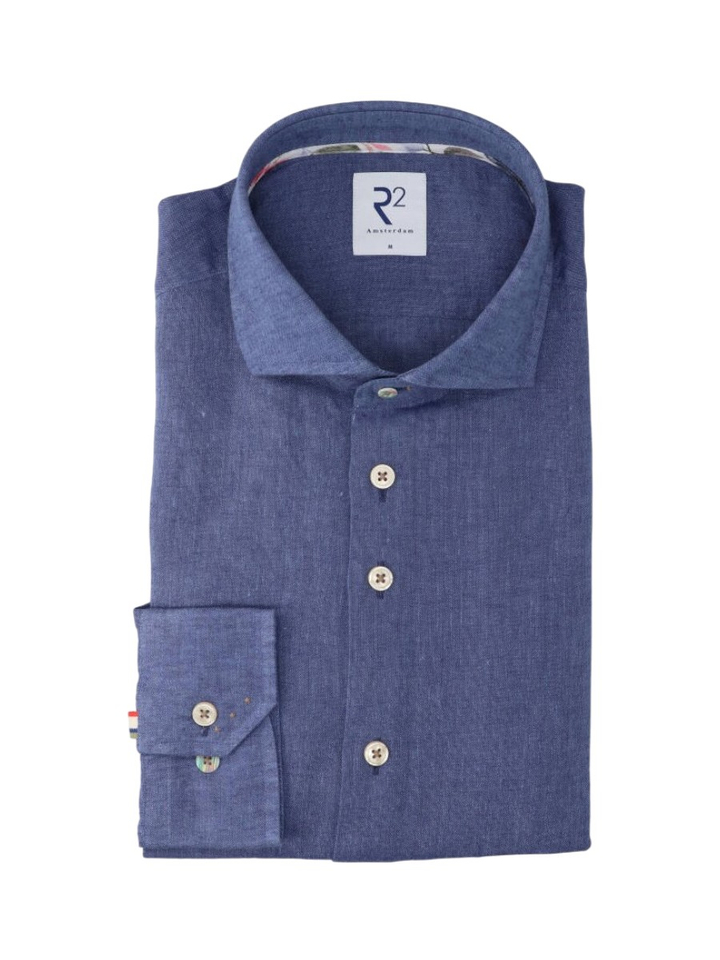 Denim blue linnen hemd (regular fit) met lange mouwen R2