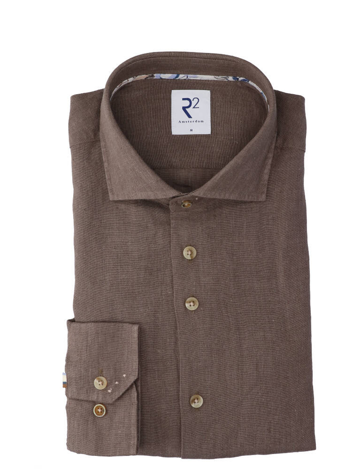 Bruin linnen hemd (regular fit) met lange mouwen R2