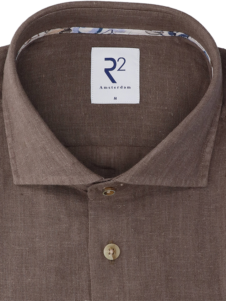 Bruin linnen hemd (regular fit) met lange mouwen R2