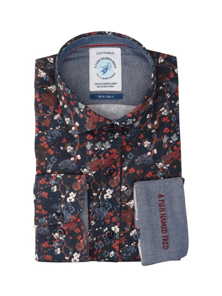 Navy katoenen hemd (regular fit) met bloemen Blossom A Fish Named Fred