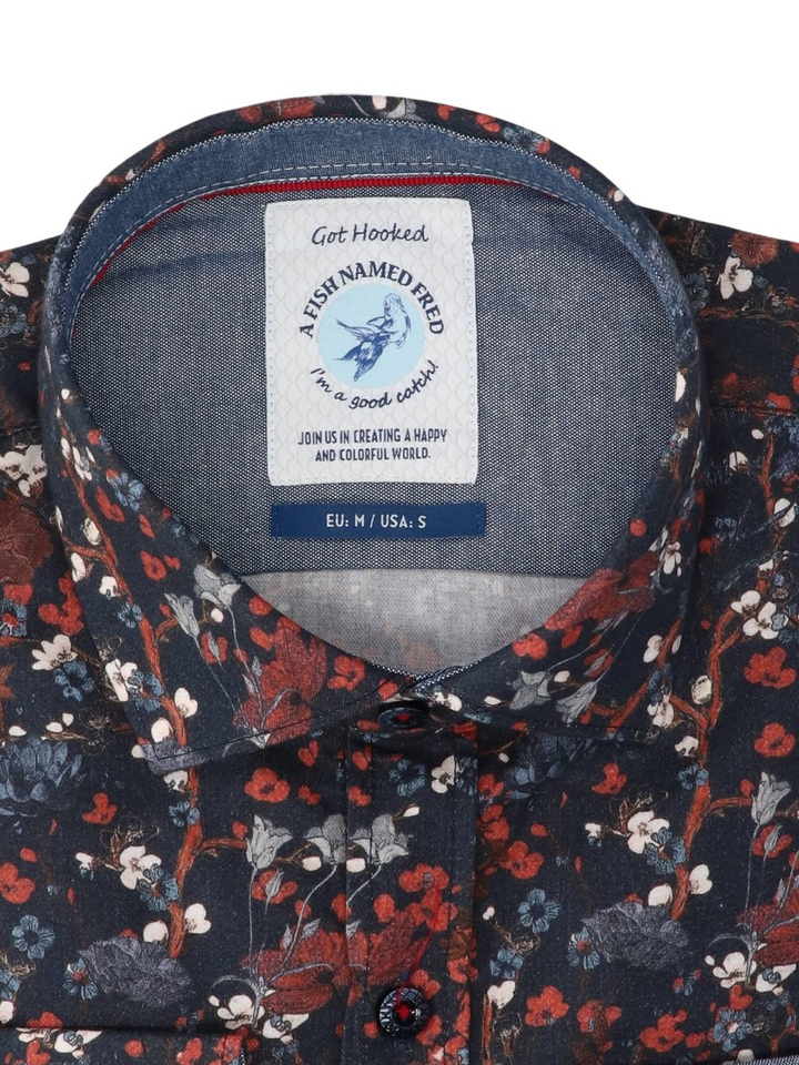 Navy katoenen hemd (regular fit) met bloemen Blossom A Fish Named Fred