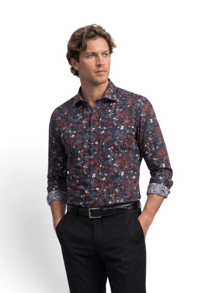 Navy katoenen hemd (regular fit) met bloemen Blossom A Fish Named Fred