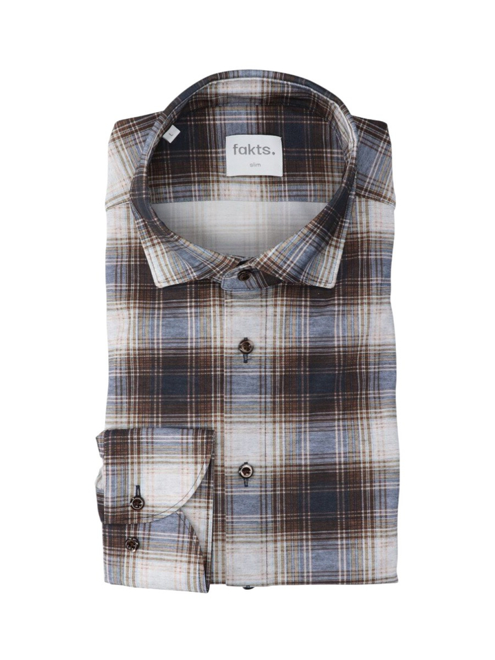 Brown check katoenen hemd (slim fit) met ruiten en lange mouwen Fakts 