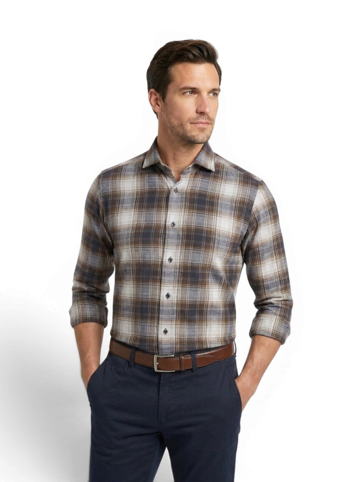 Brown check katoenen hemd (slim fit) met ruiten en lange mouwen Fakts 
