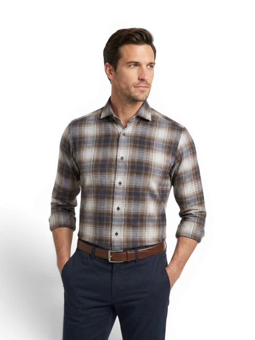 Brown check katoenen hemd (slim fit) met ruiten en lange mouwen Fakts