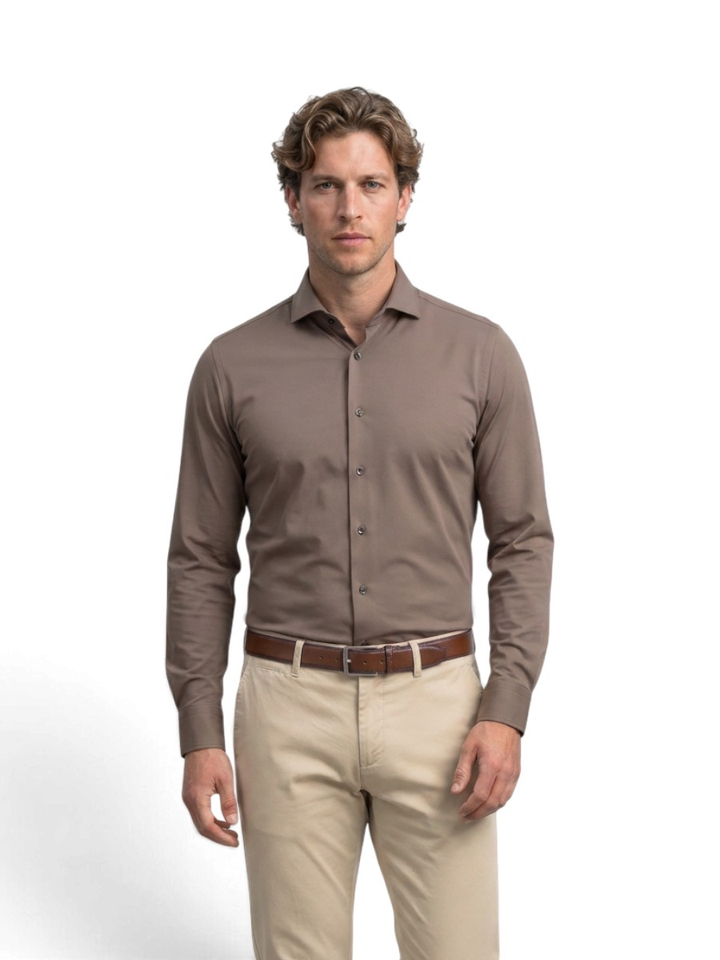 Taupe uni hemd (slim fit) met lange mouwen Fakts