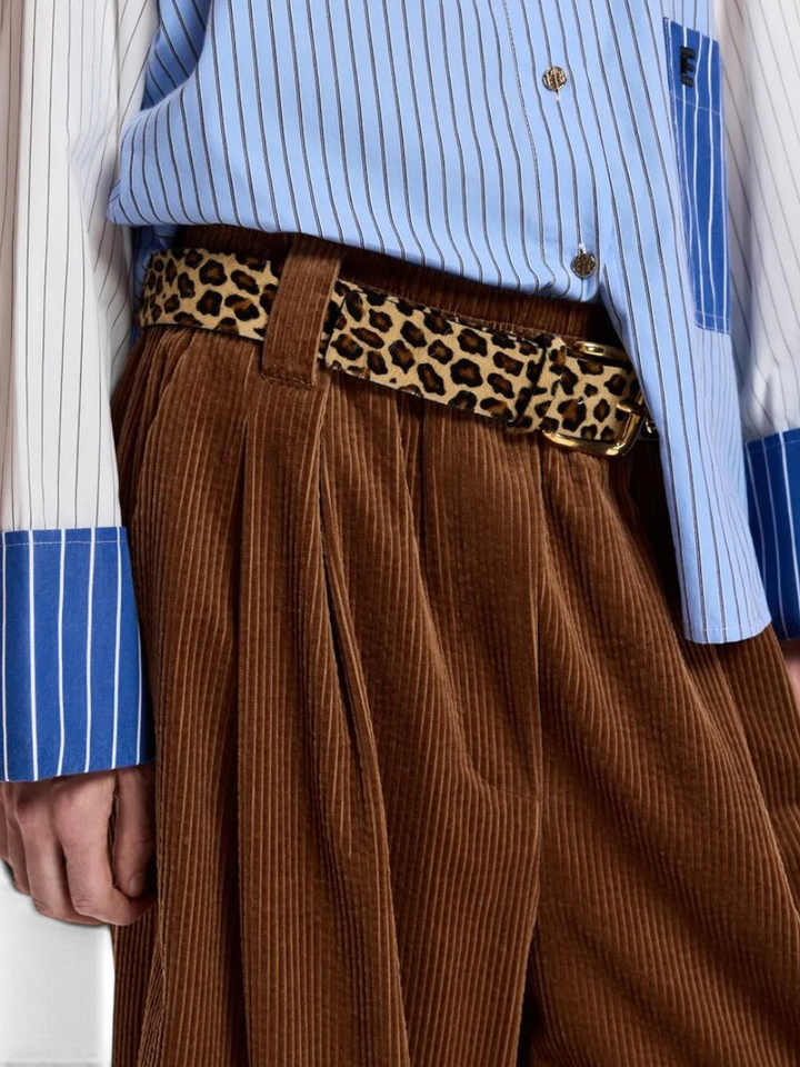 Zwarte en bruine leren riem met luipaardprint kofee Essentiel 