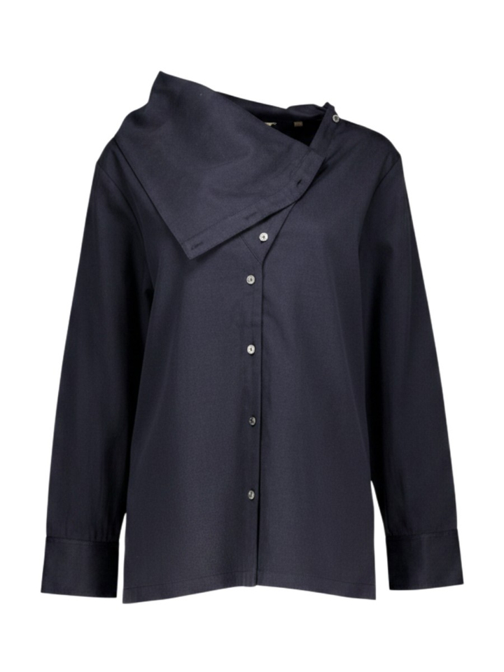 Blauwe bloes met gedrapeerde kraag en knoopsluiting Sage Rue De Tokyo