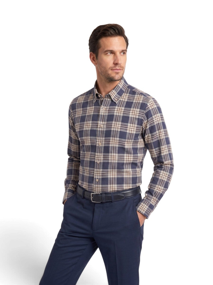 Blue check katoenen hemd (modern fit) met ruiten en lange mouwen Fakts