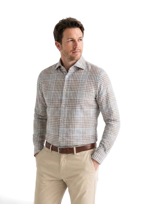 Light grey check katoenen hemd (regular fit) met ruiten en lange mouwen Stenströms