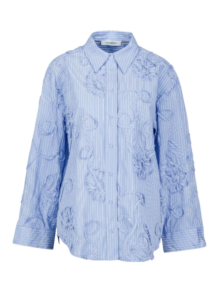 Blauwe gestreepte bloes met bloem detail  Xavier Co'Couture