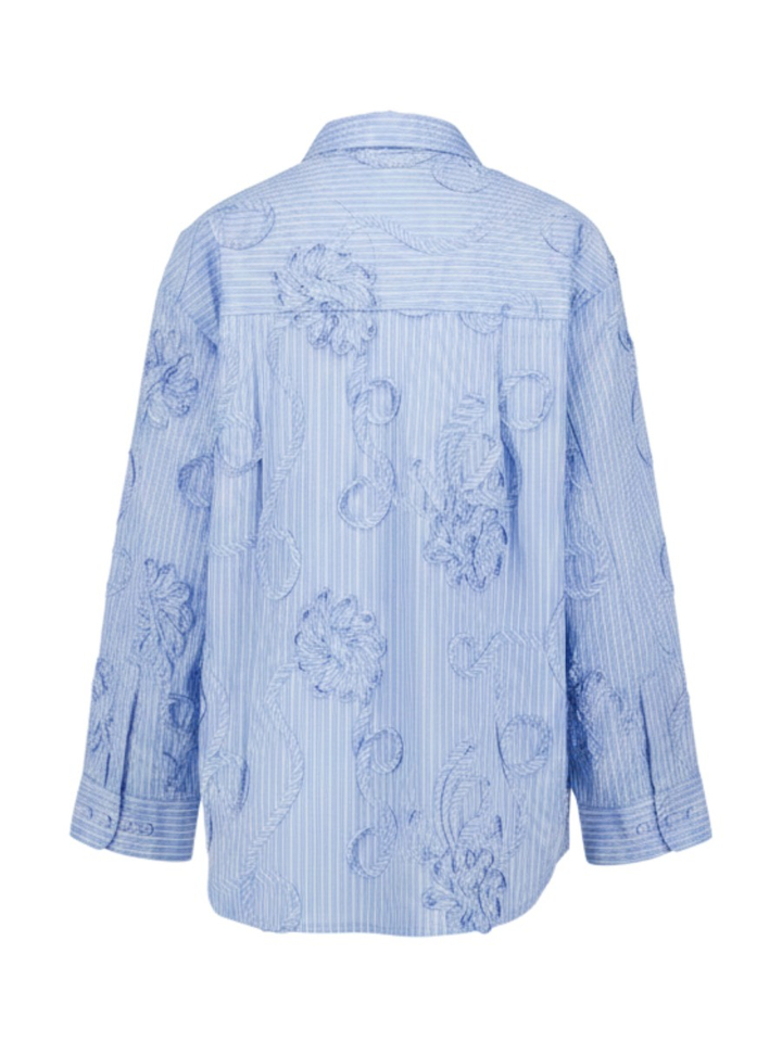 Blauwe gestreepte bloes met bloem detail  Xavier Co'Couture