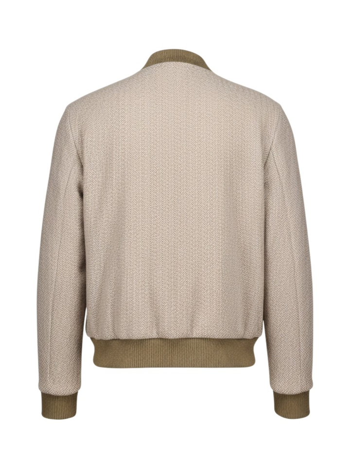 Bruine-beige wollen bomberjas met visgraatmotief en ribboorden Wellington