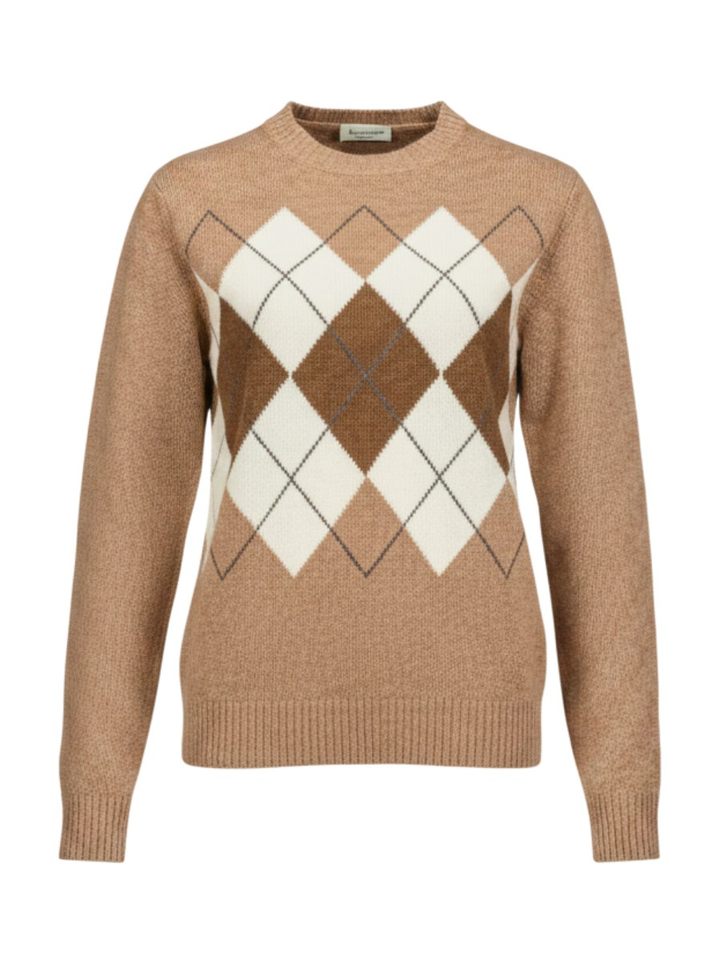 Beige met bruin geruite wollen trui Altobello