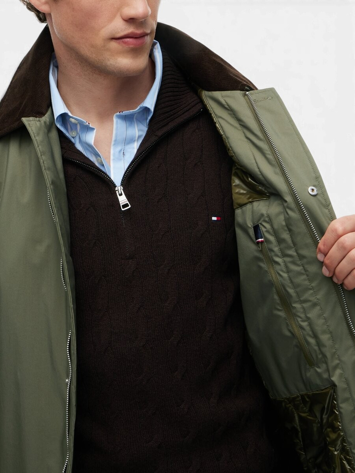 Kaki halflange jas met bruine ribfluwelen kraag Tommy Hilfiger 
