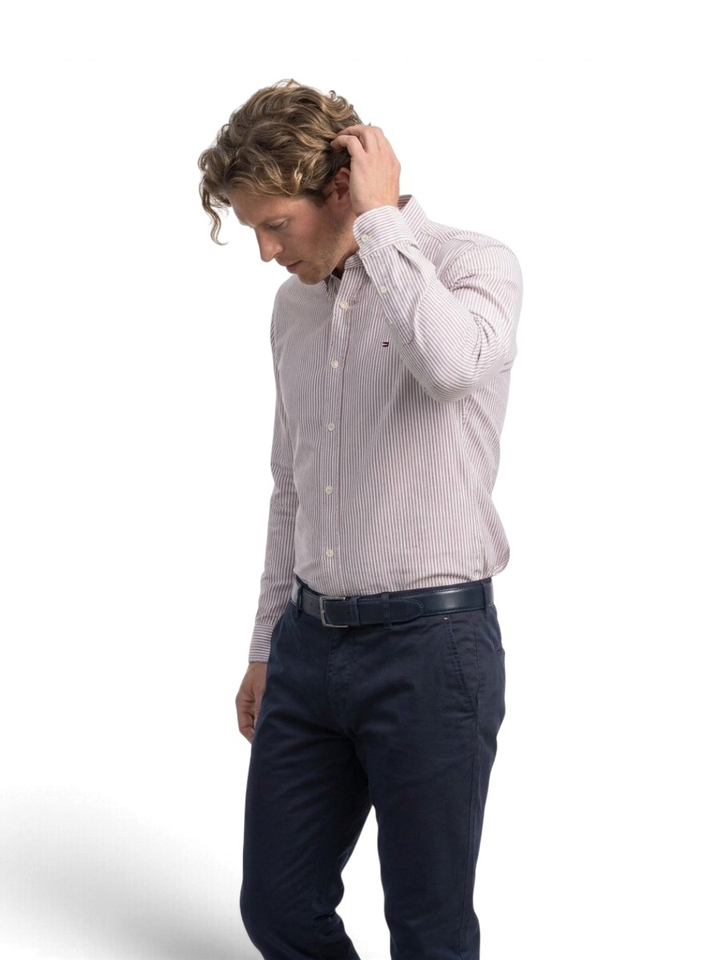 Bordeaux/wit gestreept katoenen hemd (regular fit) met lange mouwen Tommy Hilfiger 