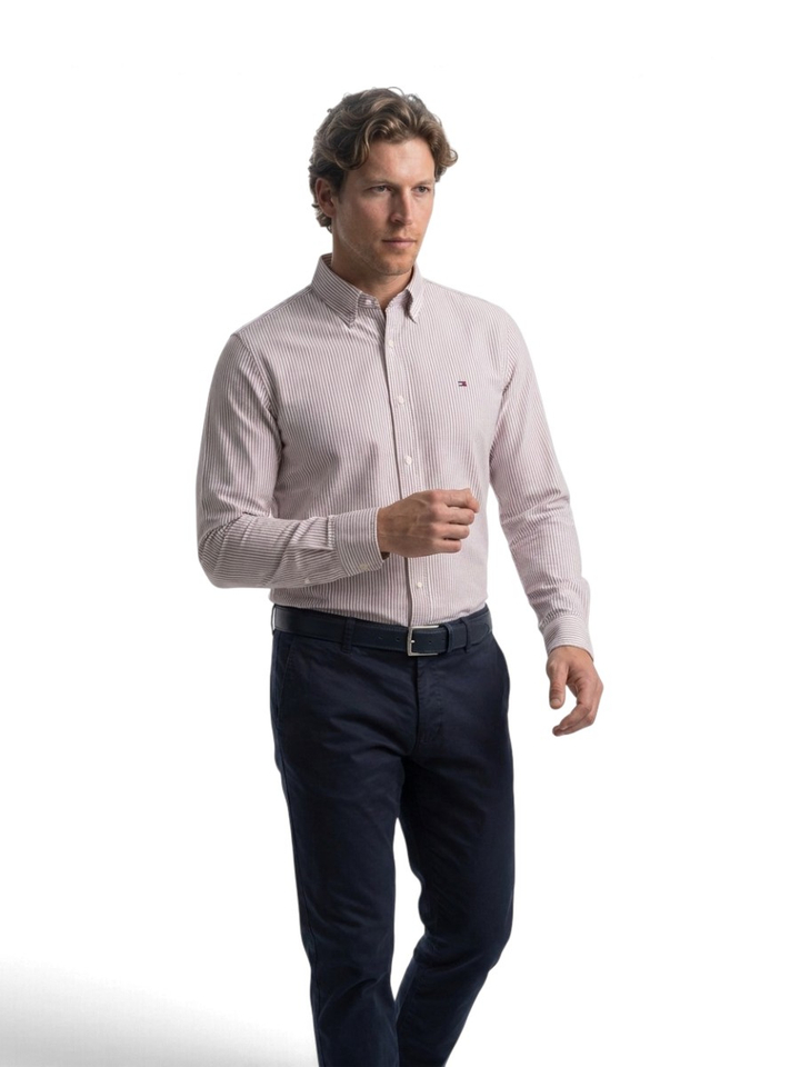Bordeaux/wit gestreept katoenen hemd (regular fit) met lange mouwen Tommy Hilfiger 